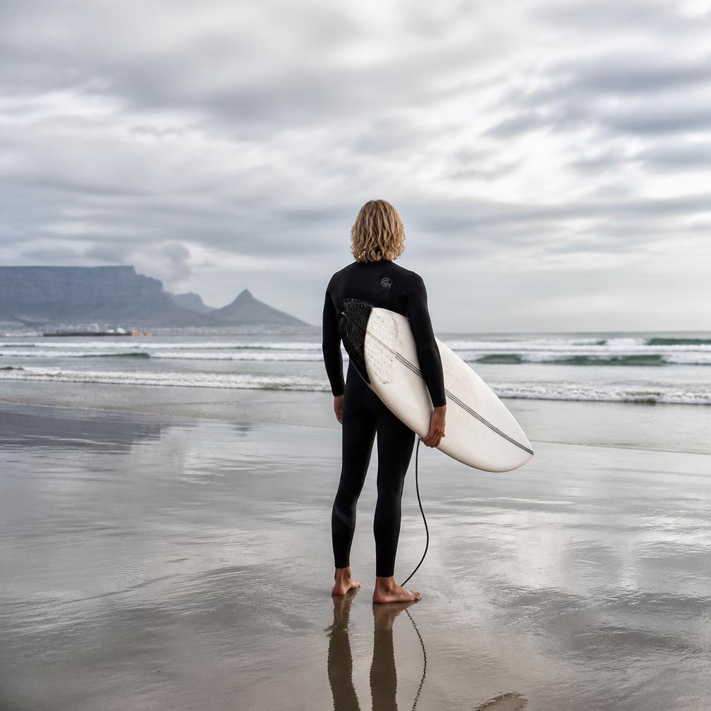 Surfer holding a board on Big Bay beach under bright cloud