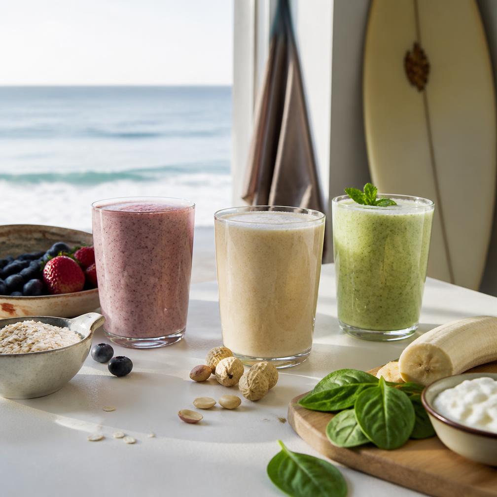 Three recovery shakes with oats, fruit, yoghurt and greens