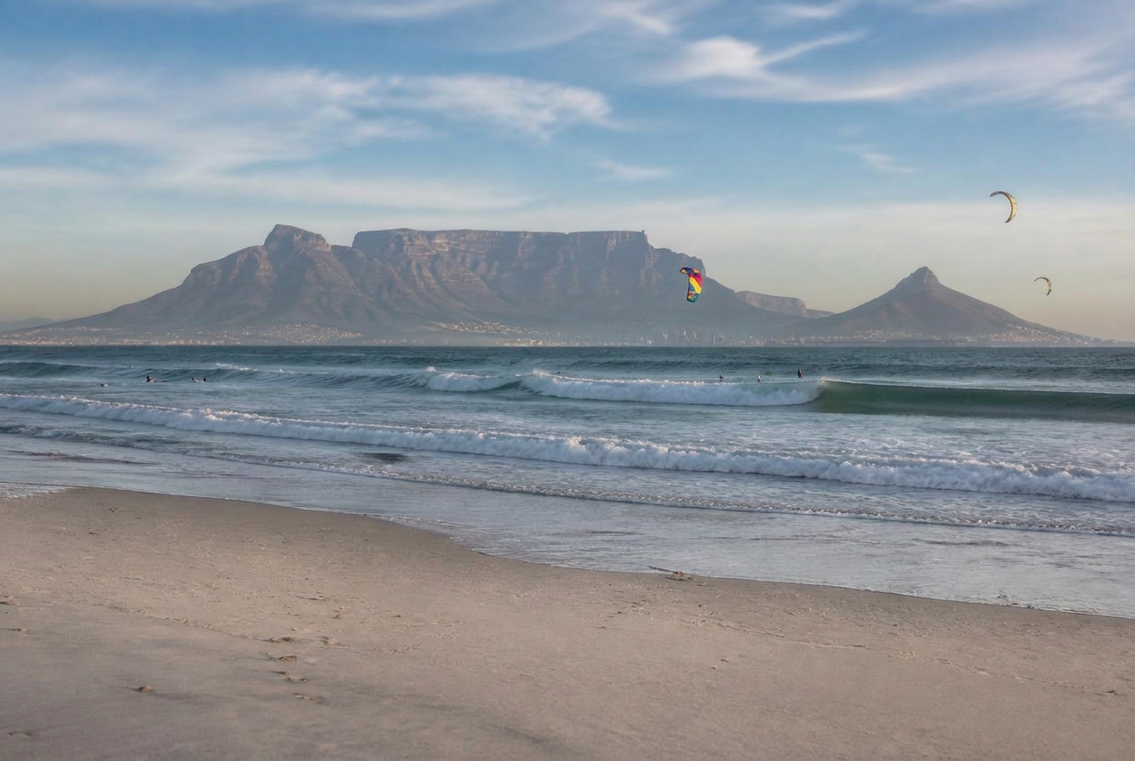 Big Bay beach at first light with Table Mountain across the water and kites in the distance